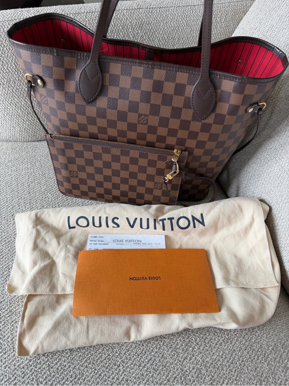 Louis Vuitton Neverfull MM Brown Damier Ebene Canvas Tote Red Interior Excellent